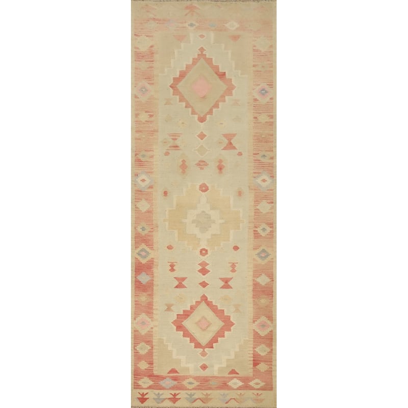Hand Woven Oriental 100% Wool Carpet Southwestern Tribal Beige & Ivories Kilim Runner Rug - 10' 0'' X 2' 9''