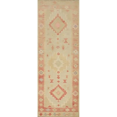 Hand Woven Oriental 100% Wool Carpet Southwestern Tribal Beige & Ivories Kilim Runner Rug - 10' 0'' X 2' 9''