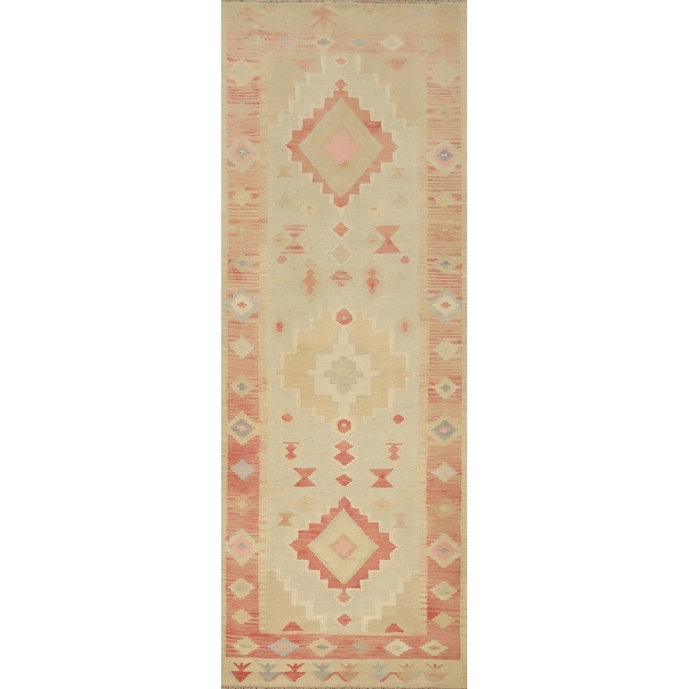Hand Woven Oriental 100% Wool Carpet Southwestern Tribal Beige & Ivories Kilim Runner Rug - 10' 0'' X 2' 9''