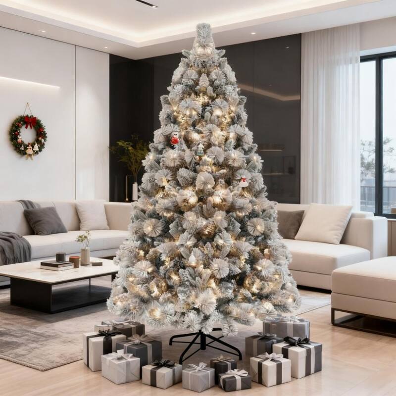 Flocked Artificial Christmas Tree - Clear Lights, Metal Stand, Holiday Decor - Green