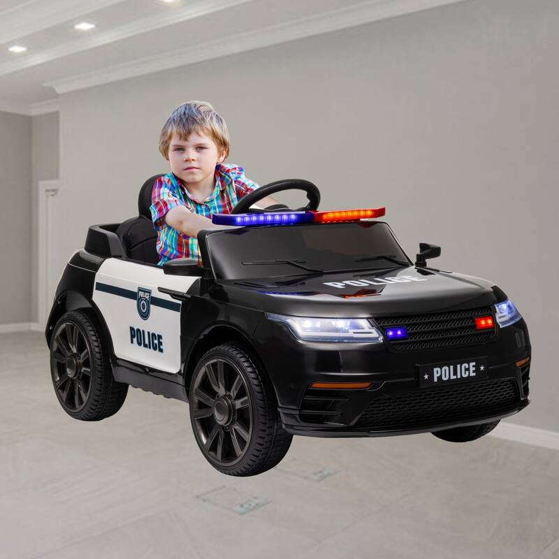 12V Electric Police Car for Kids with Remote Control, Siren, Music, LED Lights, Spring Suspension Wheels & Transport Wheel