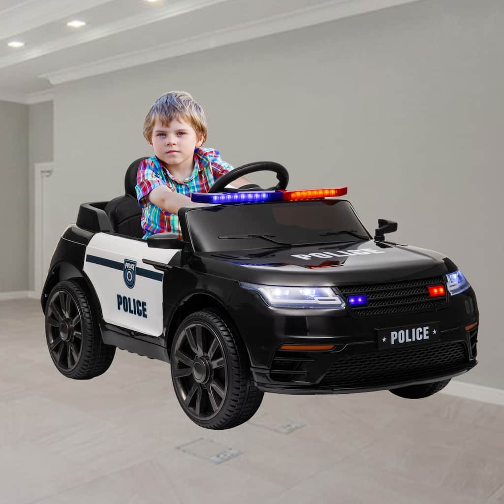12V Electric Police Car for Kids with Remote Control, Siren, Music, LED Lights, Spring Suspension Wheels & Transport Wheel