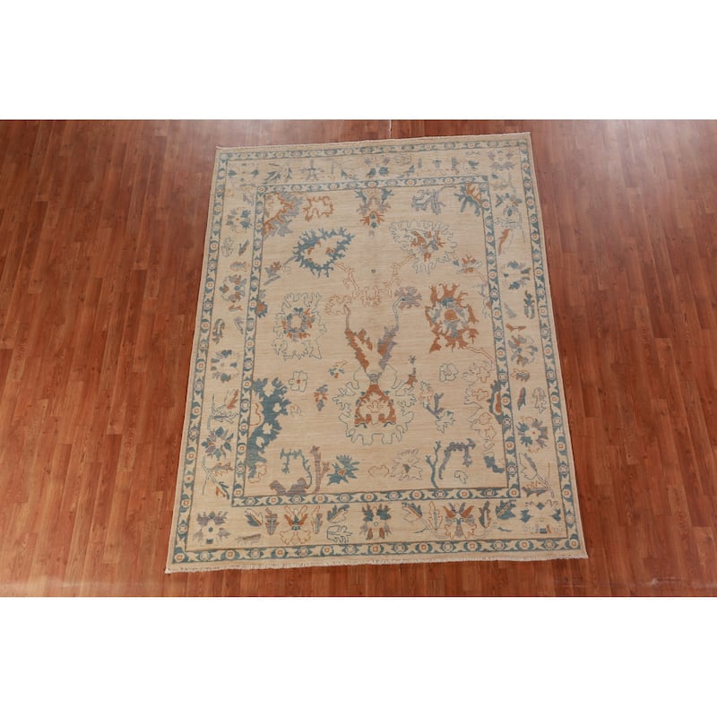 Hand Knotted Oriental 100% Wool Carpet Transitional All-Over Beige & Ivories Oushak Area Rug - 8' 5'' X 6' 6''