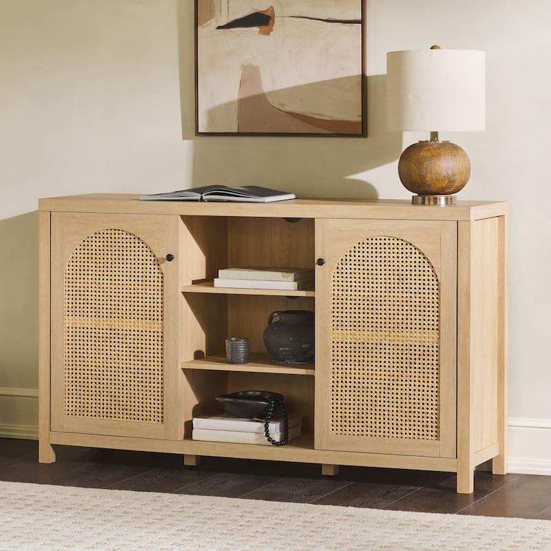 Transitional 58" 2-Door Sideboard with Arched Rattan Panels