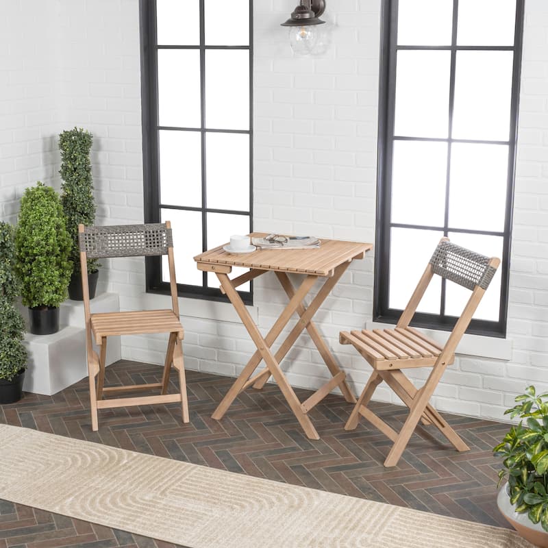 Trabuco Modern Mid-Century 3-Piece Roped Acacia Wood Outdoor Folding Bistro Set, Gray/Light Teak by JONATHAN Y