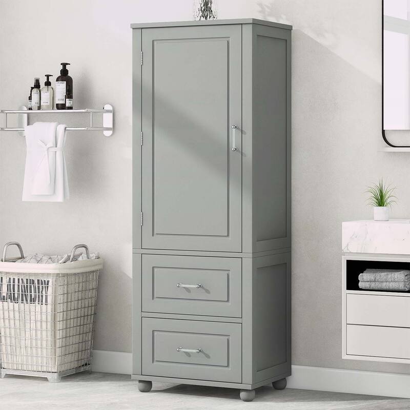 Tall Bathroom Storage Cabinet with Two Drawers and Adjustable Shelf - Grey