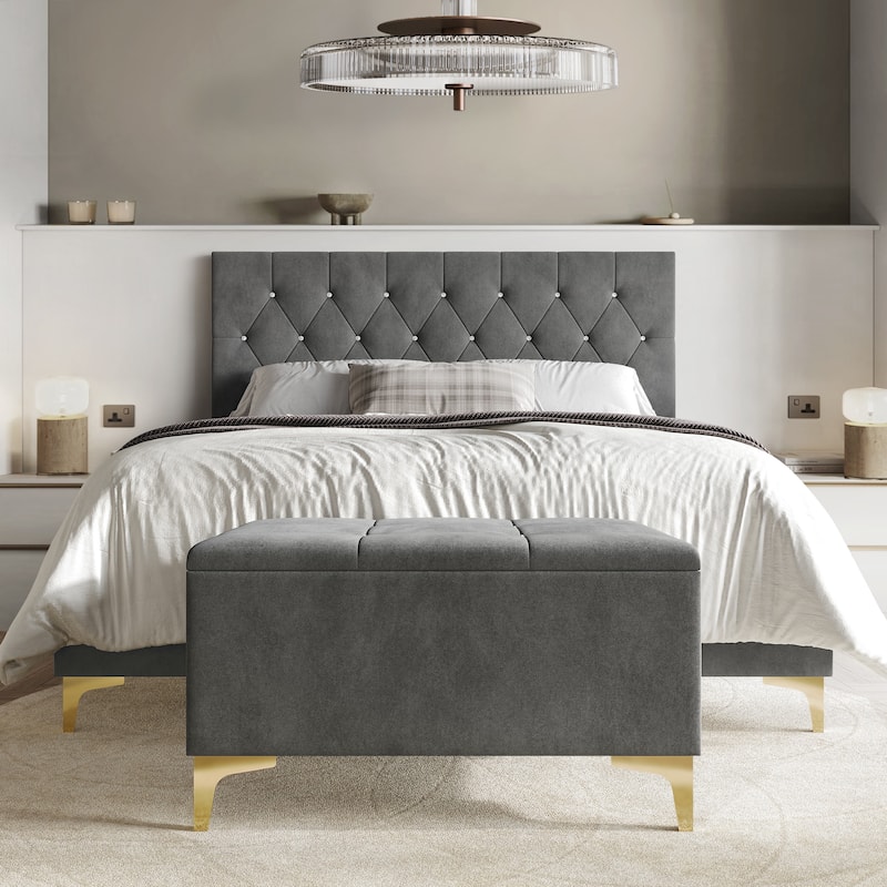 CraftPorch Glam Crystal Diamond Tufted Velvet Upholstered Bed with Storage Bench