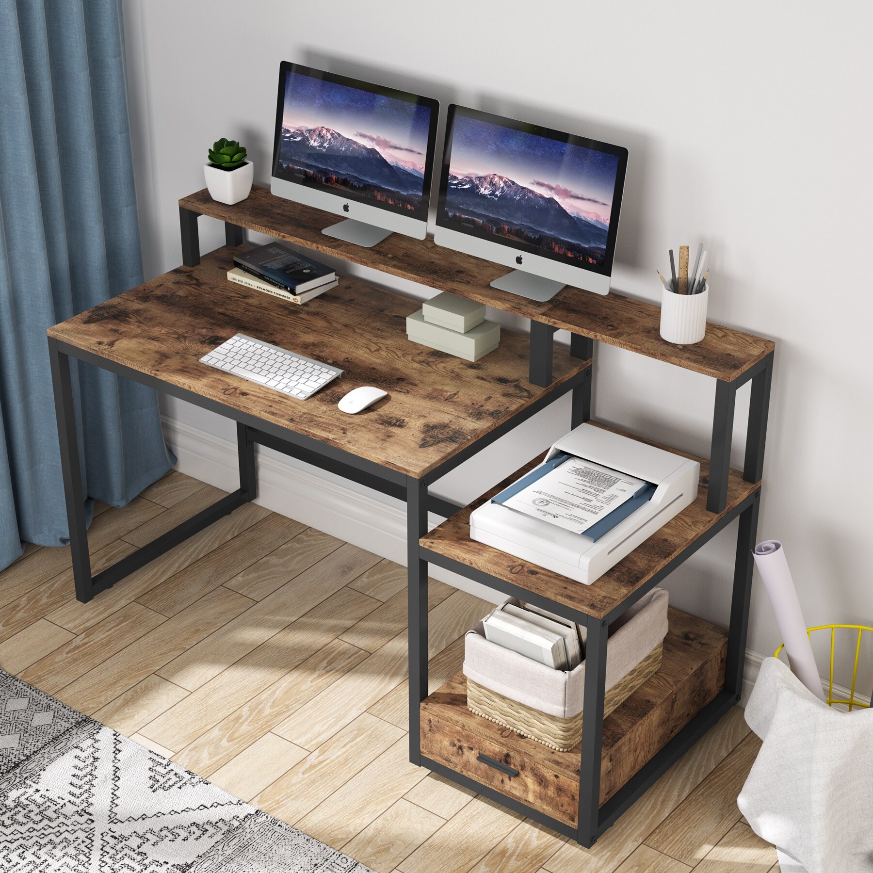 59'' Computer Desk with Drawer, Storage Shelves and 