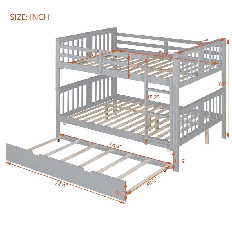 Full over Full Bunk Bed with Twin Trundle and Ladder, Convertible Wooden Frame with Guardrails and No Box Spring Needed