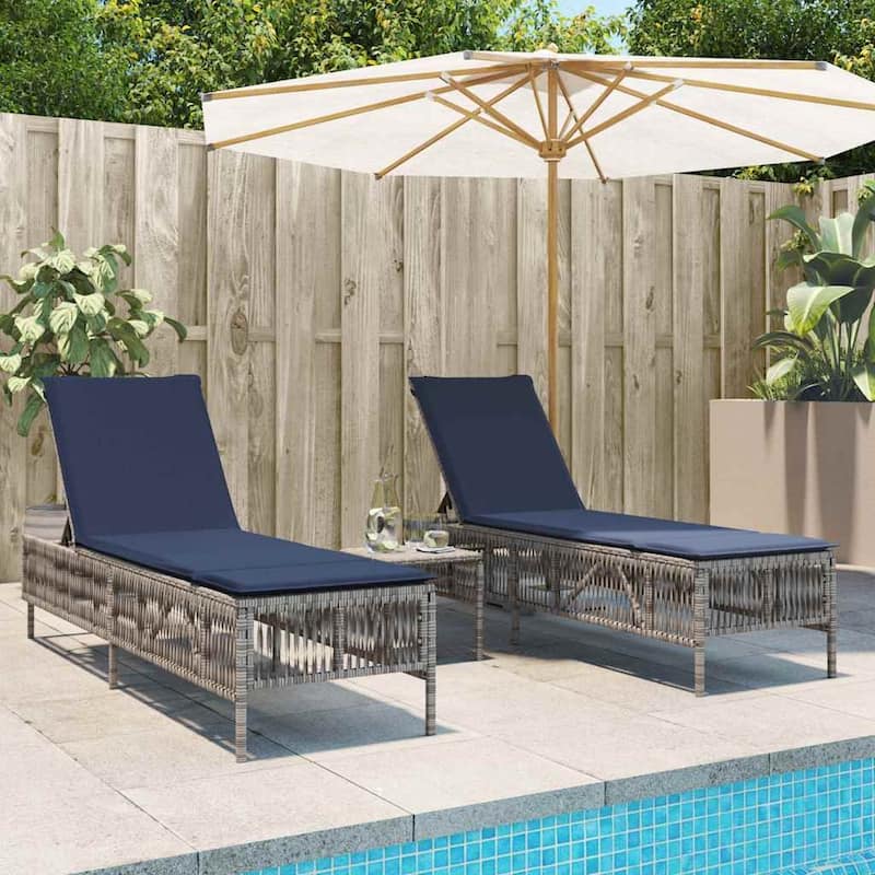 vidaXL Sun Loungers with Table Chaise Lounge 2 Pcs Poly Rattan Brown/Gray/Black - Grey