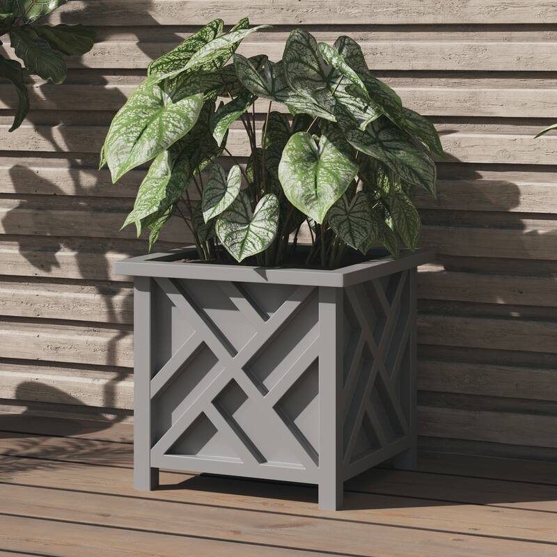 Lattice Design Planter Box - 15.5-Inch-Square Decorative Outdoor Flower or Plant Pot by Pure Garden (Gray) - Grey