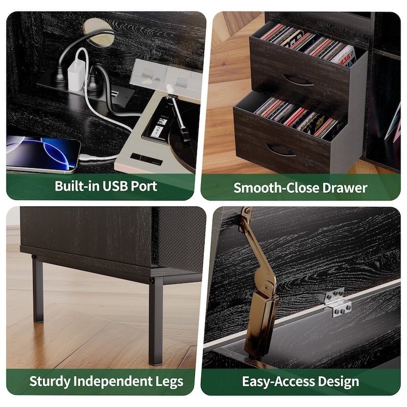 Flip-Top Record Player Stand with Power Strip and Dust-Proof Storage