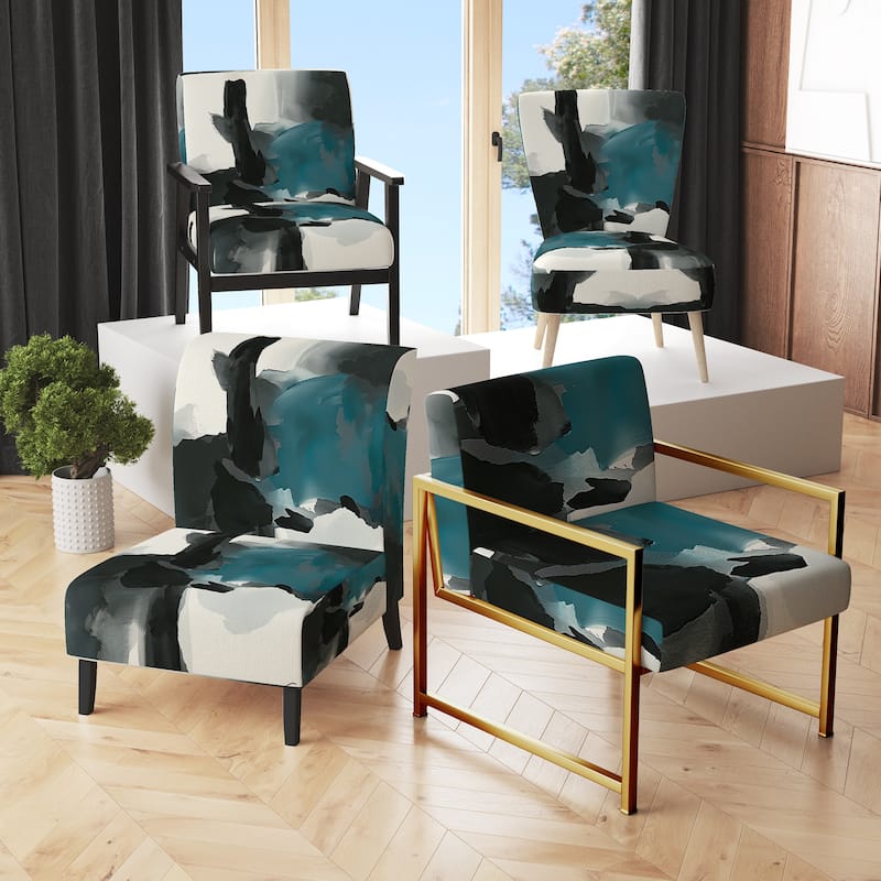 Designart "Geometric Black And Teal IV" Upholstered Abstract Accent Chair - Modern Arm Chair For Bedroom
