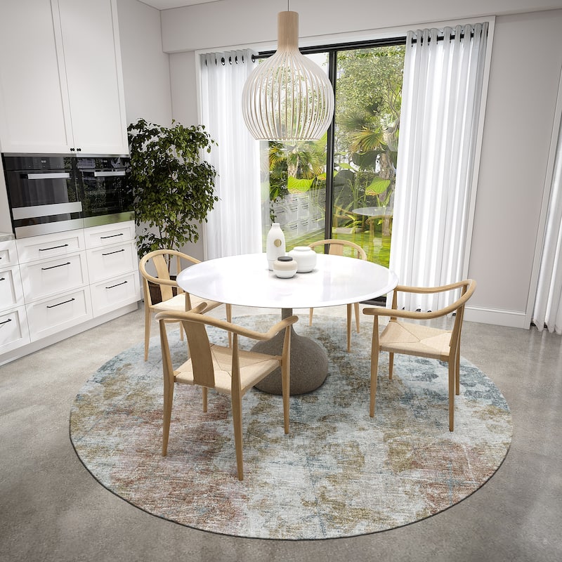 Indoor/ Outdoor Accord Abstract Polyester Washable Rug New - 8' x 8' Round - Seafoam and Gold