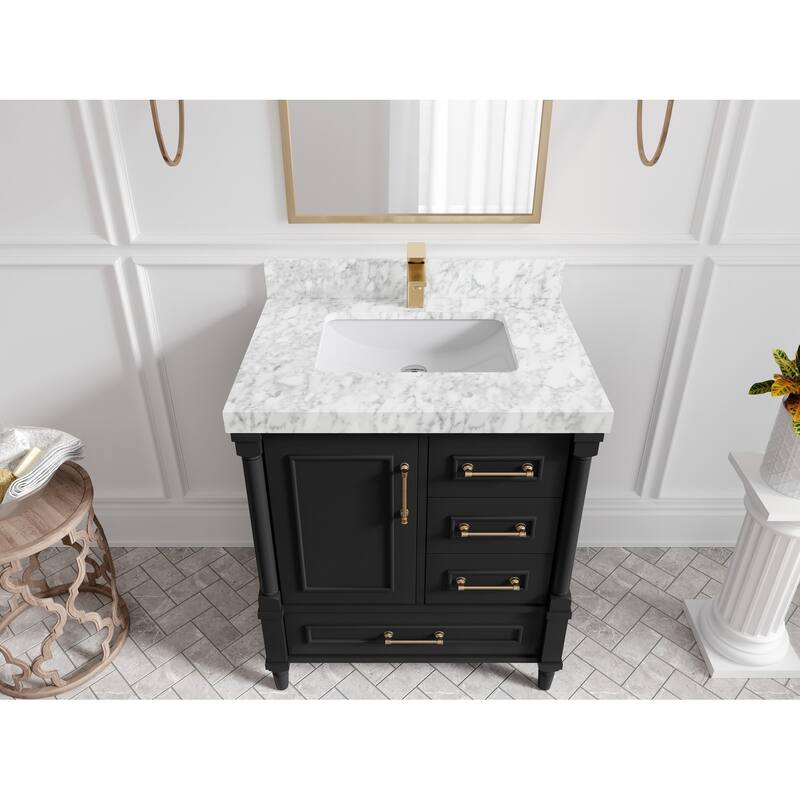 Willow Collections 30 in. W x 22 in. D Aberdeen Single Sink Bathroom Vanity with Countertop - 2" Carrara Marble - Black