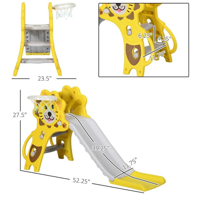 Kids Cartoon Pattern PE Indoor Slide with Basketball Hoop and Climber for Ages 18-36 Months - 52.25" L x 23.5" W x 27.5" H