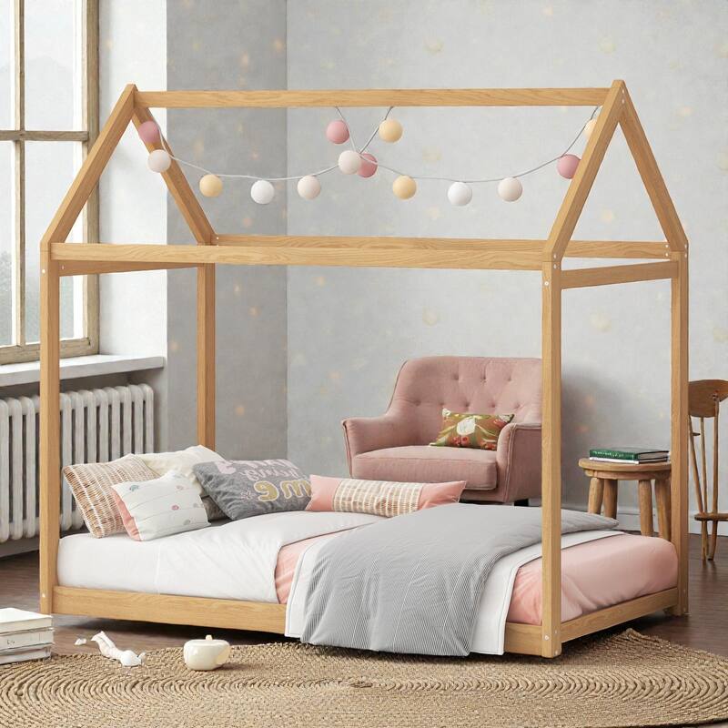 Twin Size Wooden House Bed Frame for Kids, Pine Wood Playhouse Bed with Roof Design, No Box Spring Needed