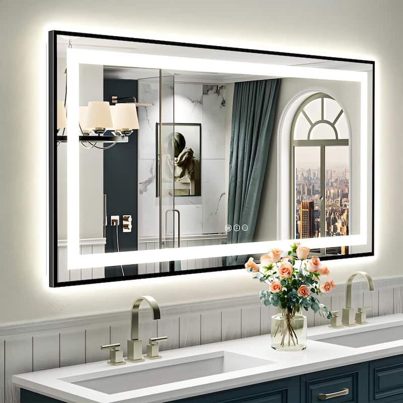 Framed Front & Back LED Lighted Anti-Fog Tempered Glass Wall Bathroom Vanity Mirror - 60" x 28"
