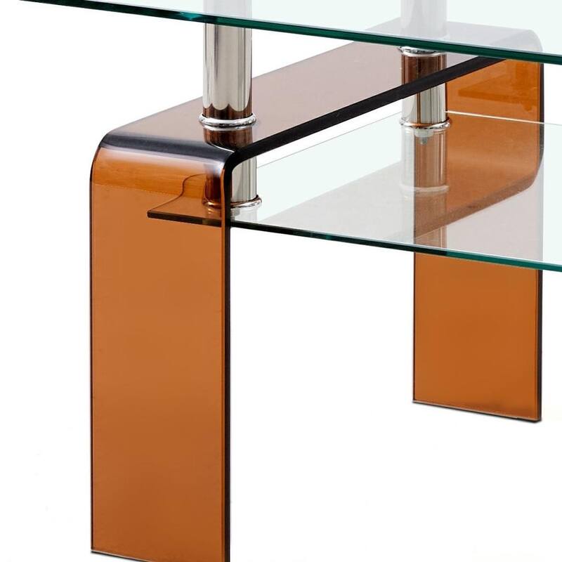HomeRoots 39" Clear and Brown Glass Coffee Table With Shelf - 39.30 in. x 17.70 in. x 21.60 in.