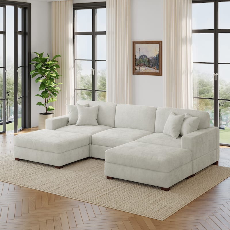 Modern Chenille Oversized Modular Sectional Sofa with 2 Ottoman - Off White-5 Piece