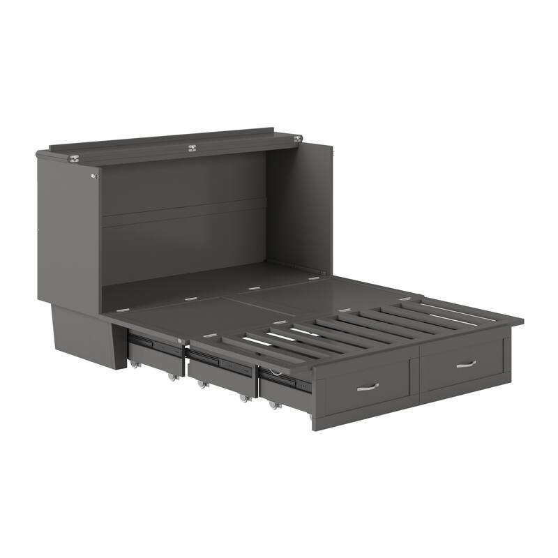 Queen Murphy Bed Chest Solid Wood - Grey Storage Bed with Mattress & USB Ports - Space Saving Furniture