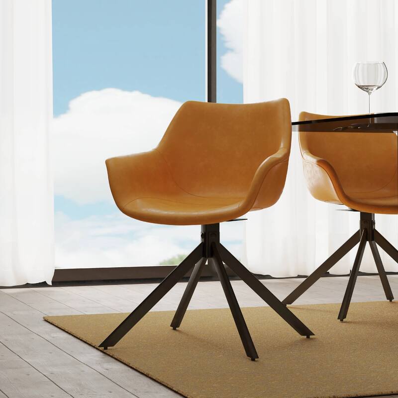 Markley Leather Swivel Dining Armchair with Black Iron Base - Accent Dining Chair for Kitchen and Dining Room Set of 4