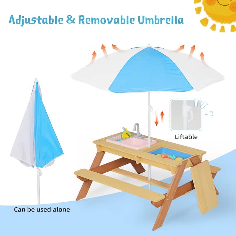 Anmytek Wooden Kids Picnic Table with Umbrella and 3 in 1 Sand and Water Activity Play Table for Outdoor Backyard Patio