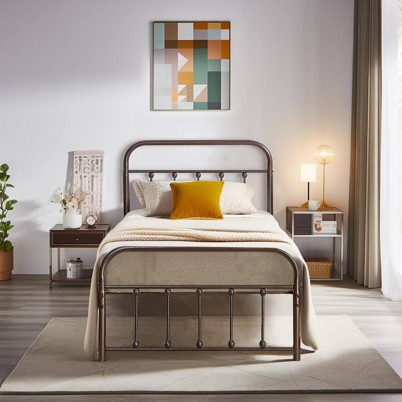 VECELO Metal Bed Frame with Headboard Classic Metal Platform Bed Frame Mattress Foundation with Victorian Style Footboard