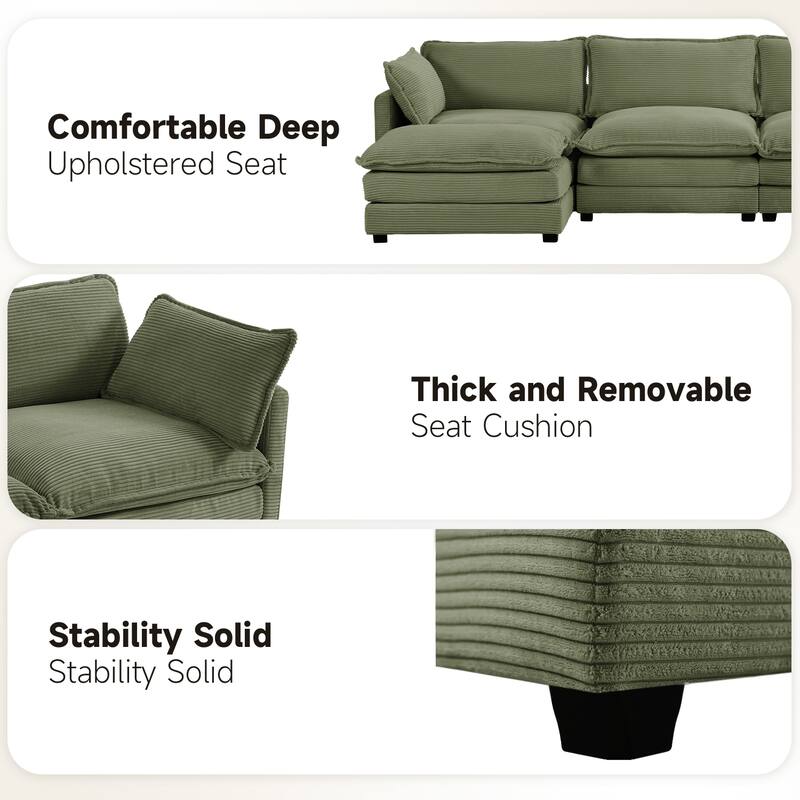 3-Seat Corduroy Modular Sofa with an Independent Removable Ottoman for Living Room or Business