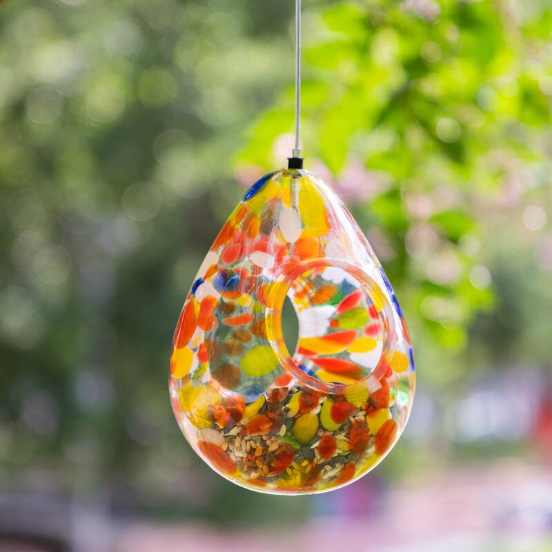 Glitzhome 6.75''H Glass Water Drop Hanging Dots Birdfeeder - Orange
