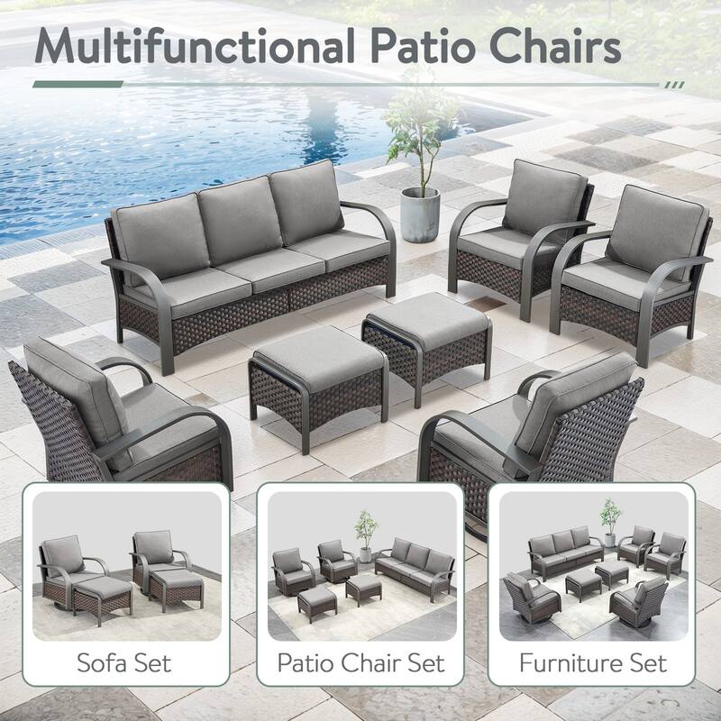 5 Pieces Patio Swivel Chair with Fire Pit Table - Grey Cushion - Brown