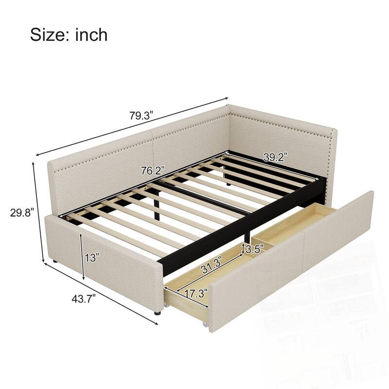 Modern Twin Size L Shape Corner Upholstered Daybed with Two Storage Drawers