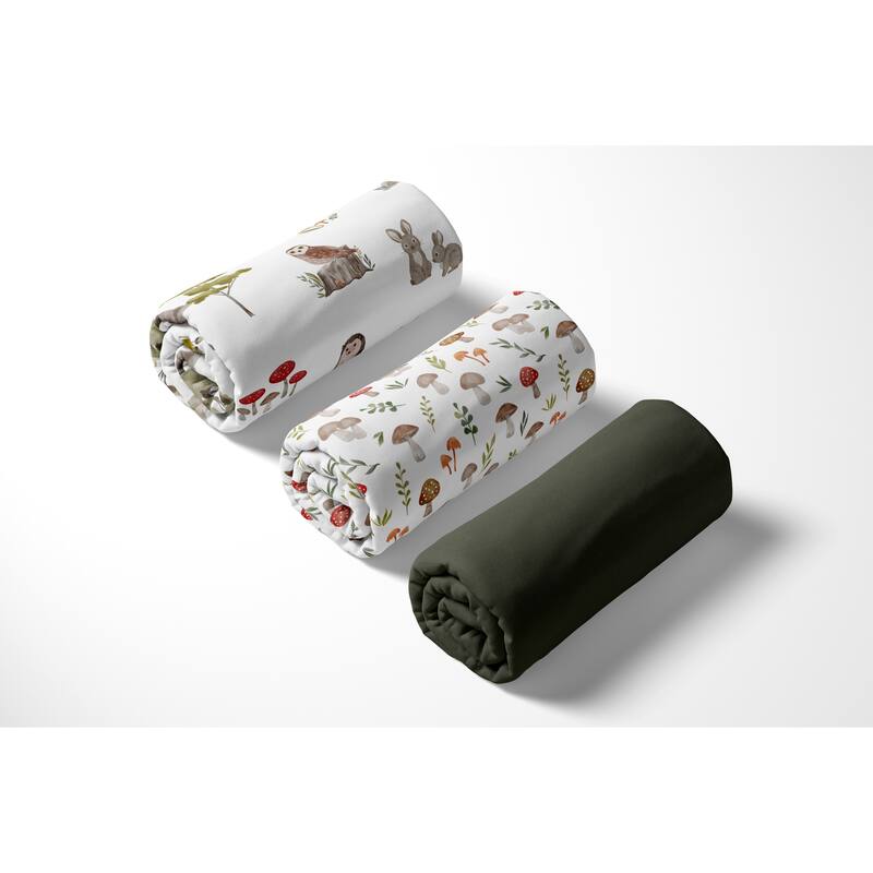 Sweet Jojo Designs Woodland Forest Animals Boy, Girl, Unisex/Gender Neutral 3 Pack Fitted Crib Sheets - Solid Green, Mushrooms