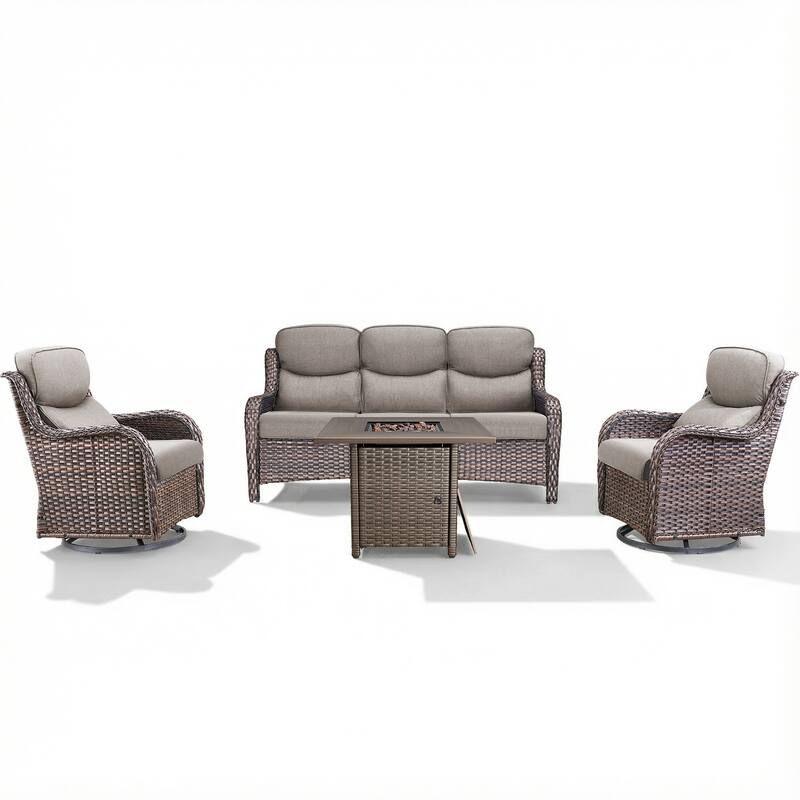 Pocassy Outdoor Propane Fire Pit Table with Sofa Swivel Chair Funiture Set.