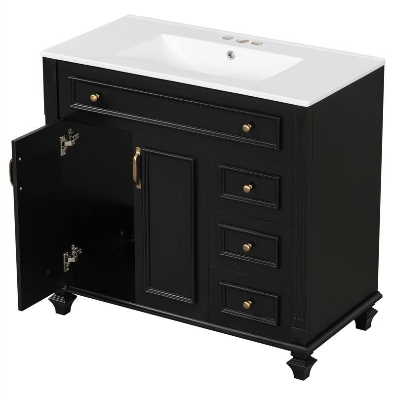 36" Bathroom Vanity with Ceramic Sink, Freestanding Bathroom Vanity Cabinet with Flip-Out Drawer, 3 Drawers & 2 Soft-Close Doors