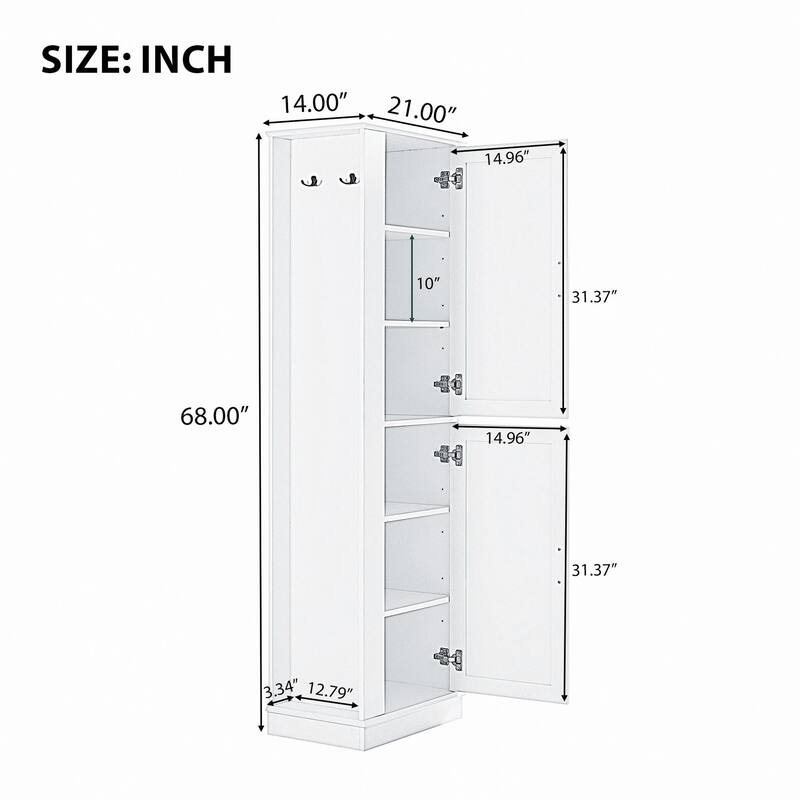 Tall Freestanding Bathroom Storage Cabinet with Adjustable Shelves,Hooks,and Anti-Toppling Device