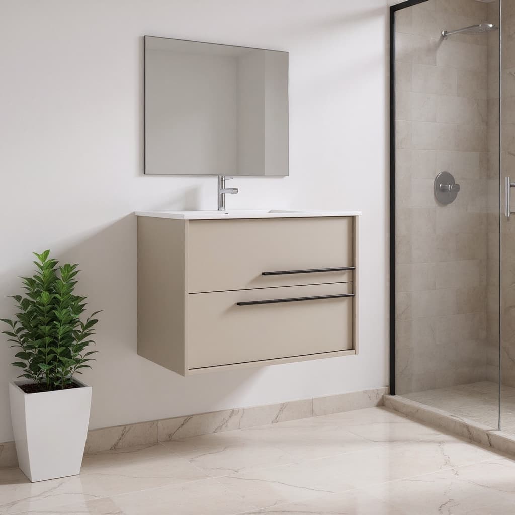 HomeRoots 24" Tan Wood Floating Bathroom Vanity With White Sink And Two Drawers - 24.00 in. x 24.60 in. x 21.60 in.