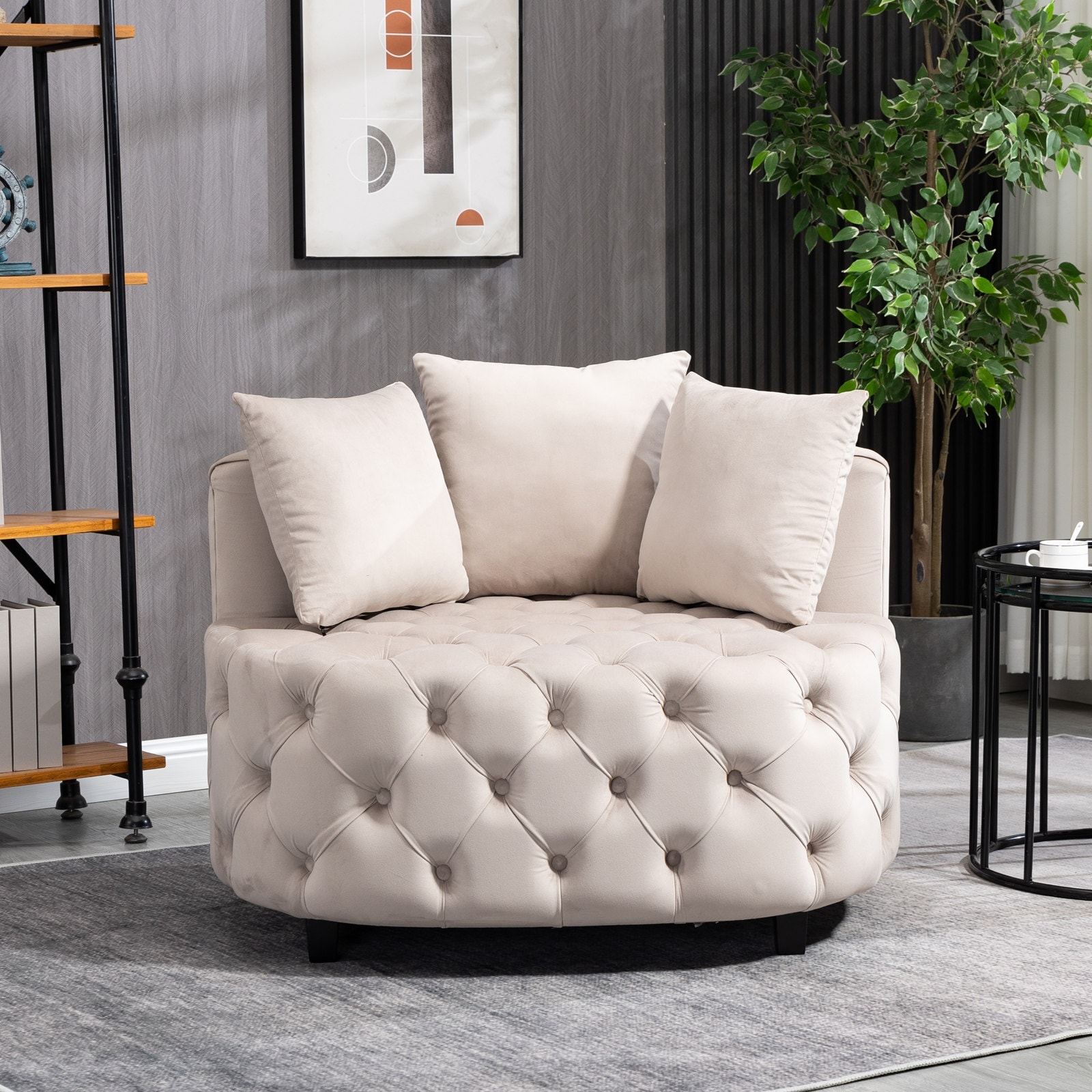 Velvet Upholstered Tufted Barrel Sofa Chair For Living Room With Toss Pillows