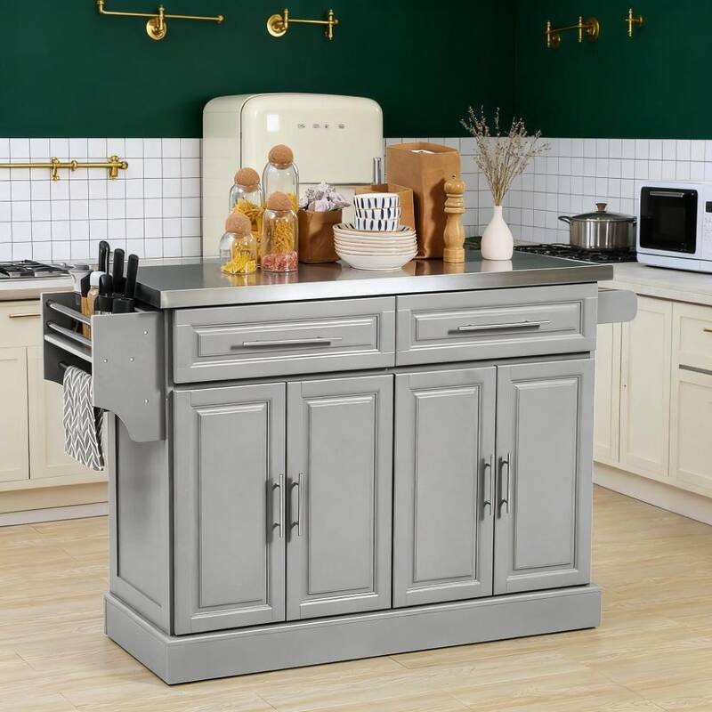 Kitchen Island Rolling Kitchen Island Cart with 2 Drawers, Spice, Knife and Towel Rack ,gray - Gray