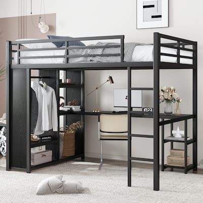 Full Size Metal Loft Bed with Built-in Wardrobe and Study Desk