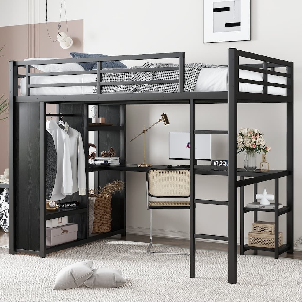 Full Size Metal Loft Bed with Wardrobe, Desk & Storage Shelves - Space Saving Black Frame