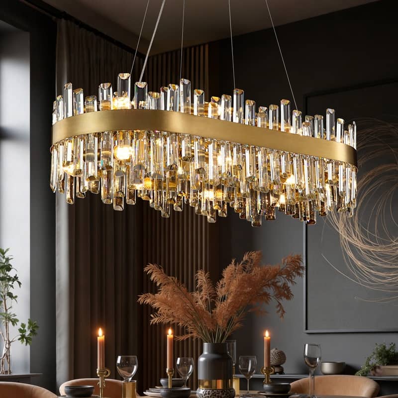 36 in. Modern Crystal Chandeliers 16-Light Brass Gold Rectangular Chandelier Glam Oval Pendant Light for Dining Living Room