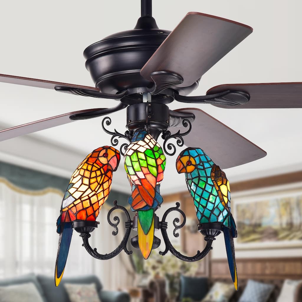 Korubo 52-inch Lighted Ceiling Fan with Tiffany-style Parrot Shades