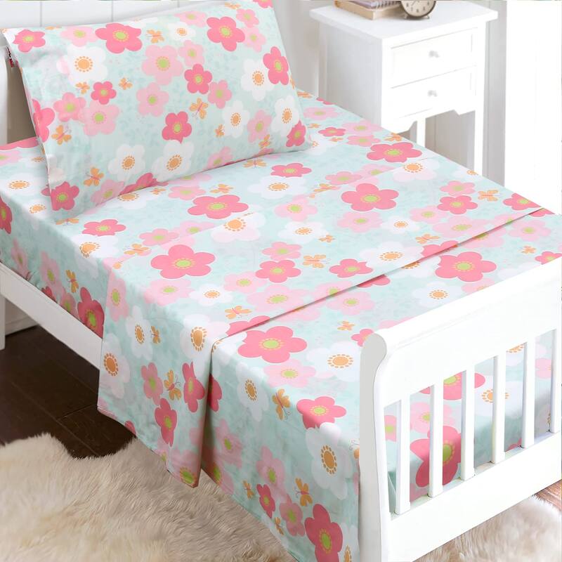 3-Piece Cotton Toddler Sheet Set for Kids Boys & Girls (Animals, Fish, Sports, Floral)