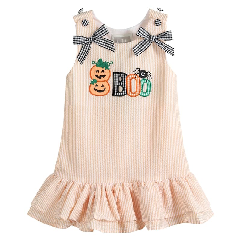 Lil Cactus Orange Seersucker Halloween Boo Ruffle Dress