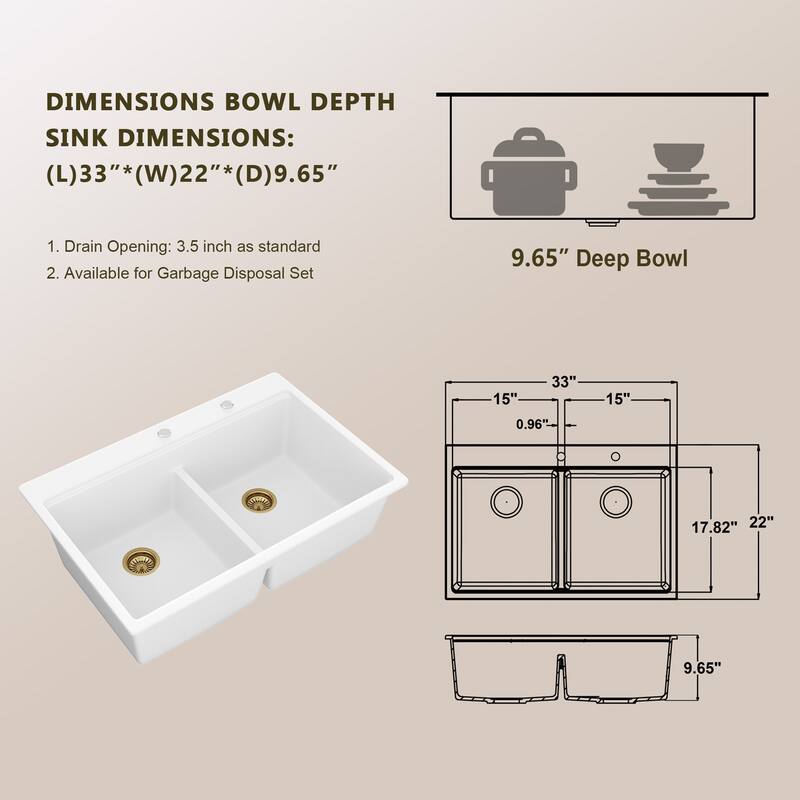 Lordear 33" Kitchen Sink Double Bowl Drop In Workstation Low Divider Quartz Composite Sink - 22 in.W x 33 in.D x 9.65 in.H