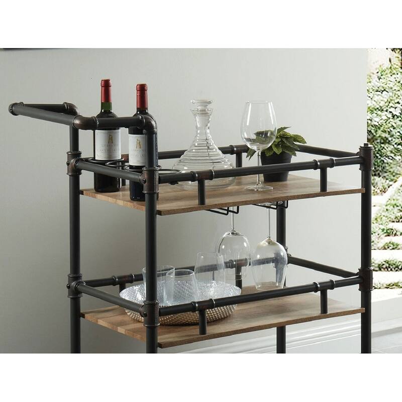 Industrial Style Antique Black Inspired Design Natural Oak 1pc Serving cart 3-Tier Server w wheels