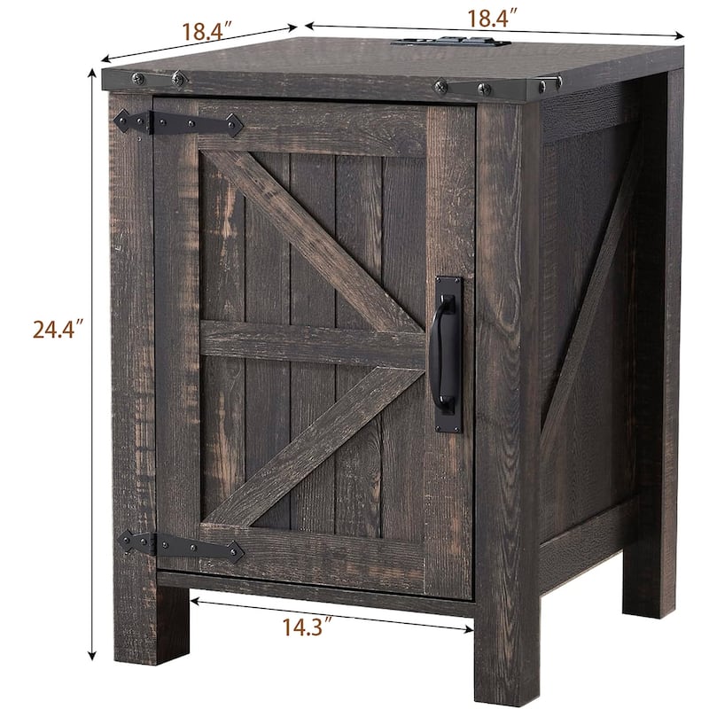 Farmhouse Nightstand Set of 2 with Charging Station, Rustic End Table