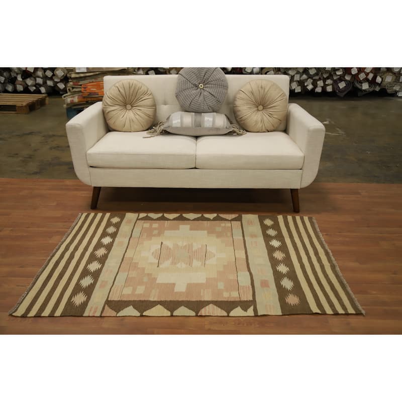 Hand Woven Oriental 100% Wool Carpet Southwestern Tribal Oranges & Rust Kilim Area Rug - 5' 2'' X 3' 2''