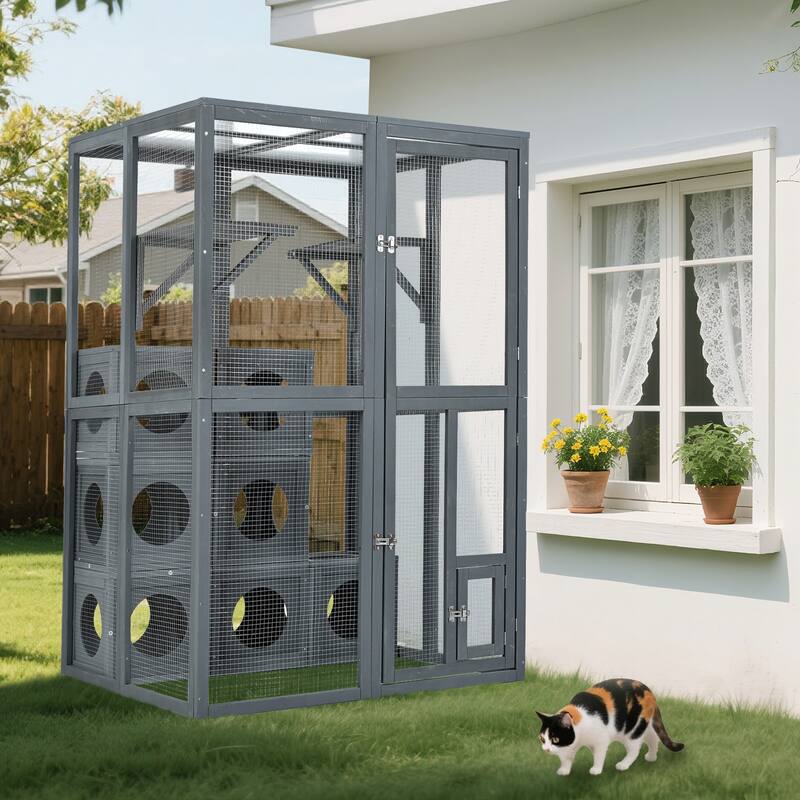 Catio Outdoor Cat Enclosure, Wooden Cat House with Double Enter Doors & Climbing shelves, Cat Cage Playpen with 7 Wood Boxes
